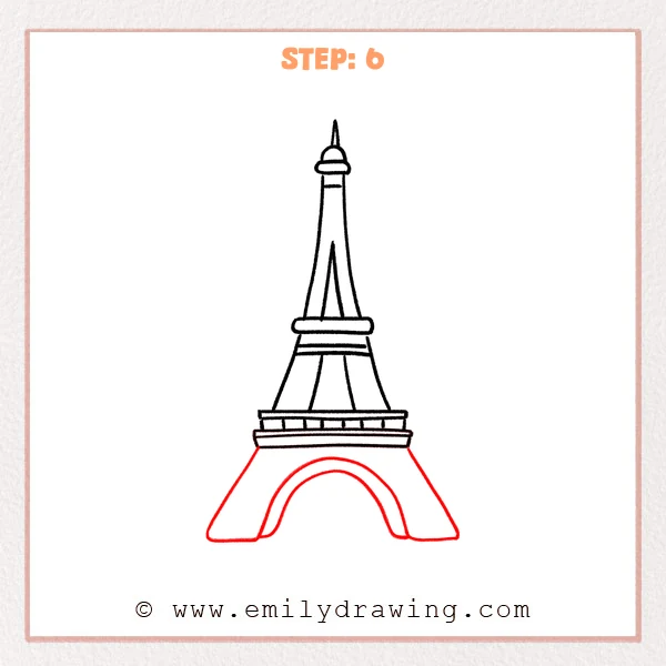 how to draw an eiffel tower - The Eiffel Tower drawing now includes a large bottom arch with a smaller inner arch for thickness.
